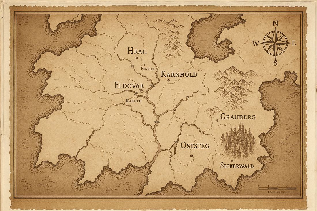 Landkarte der Arduna-Welt mit Karnhold, Eldovar, Feste Hrag, Fenrick, Kareth, Oststeg, Grauberg und dem Sickerwald